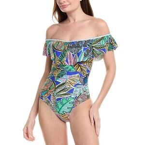 5010  NWT  La Blanca  Off Shoulder Ruffle 1-Piece Swimsuit Neon Night Size  4